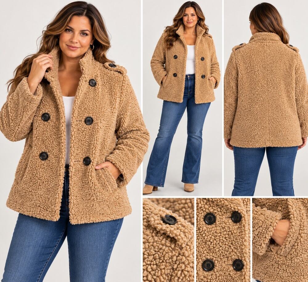 Sam Edelman Women's Tan Teddy Sherpa Faux Fur Double Breasted Coat Size med